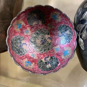 Vintage Indian Brass Metal and Enamel Colorful Peacock Bowl